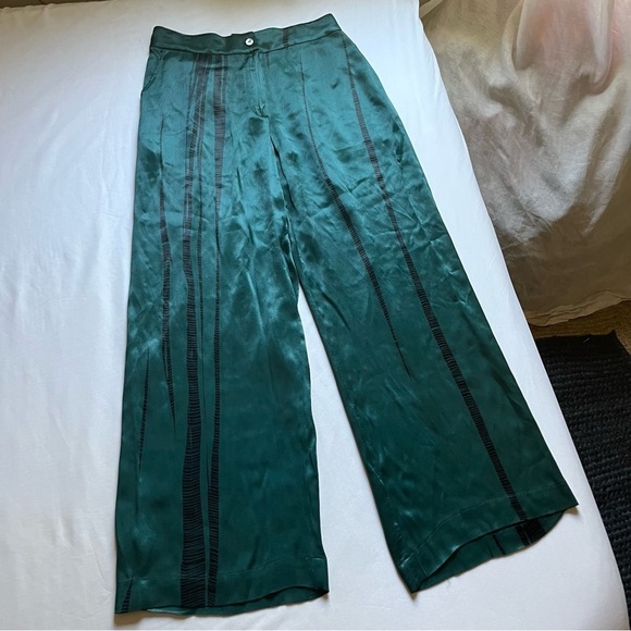 NOUS ANTWERP teal green satin printed wide leg cropped pants